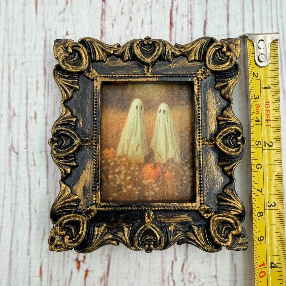 Vintage Style Ghost Art Print Ornate Gold Black Resin Frame Gothic Spooky Decor